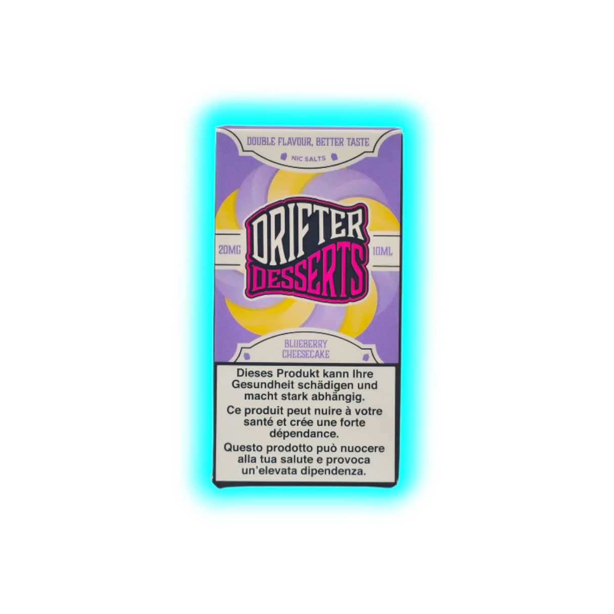 Verpackung eines Drifter Desserts Blueberry Cheesecake Nikotinsalzes mit Warnhinweis in mehreren Sprachen