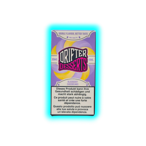 Verpackung eines Drifter Desserts Blueberry Cheesecake Nikotinsalzes mit Warnhinweis in mehreren Sprachen