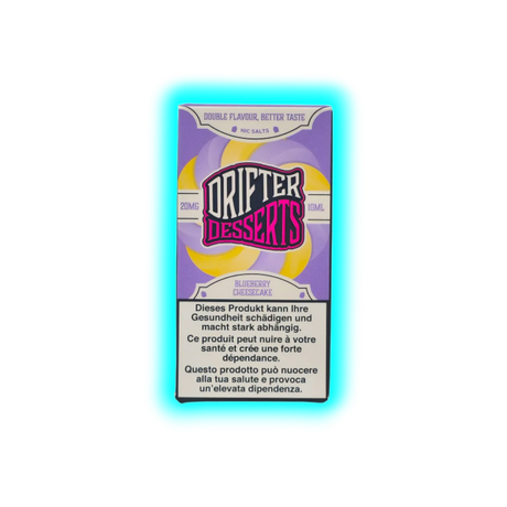 Verpackung eines Drifter Desserts Blueberry Cheesecake Nikotinsalzes mit Warnhinweis in mehreren Sprachen