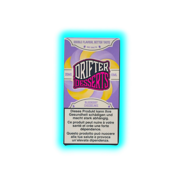 Verpackung eines Drifter Desserts Blueberry Cheesecake Nikotinsalzes mit Warnhinweis in mehreren Sprachen