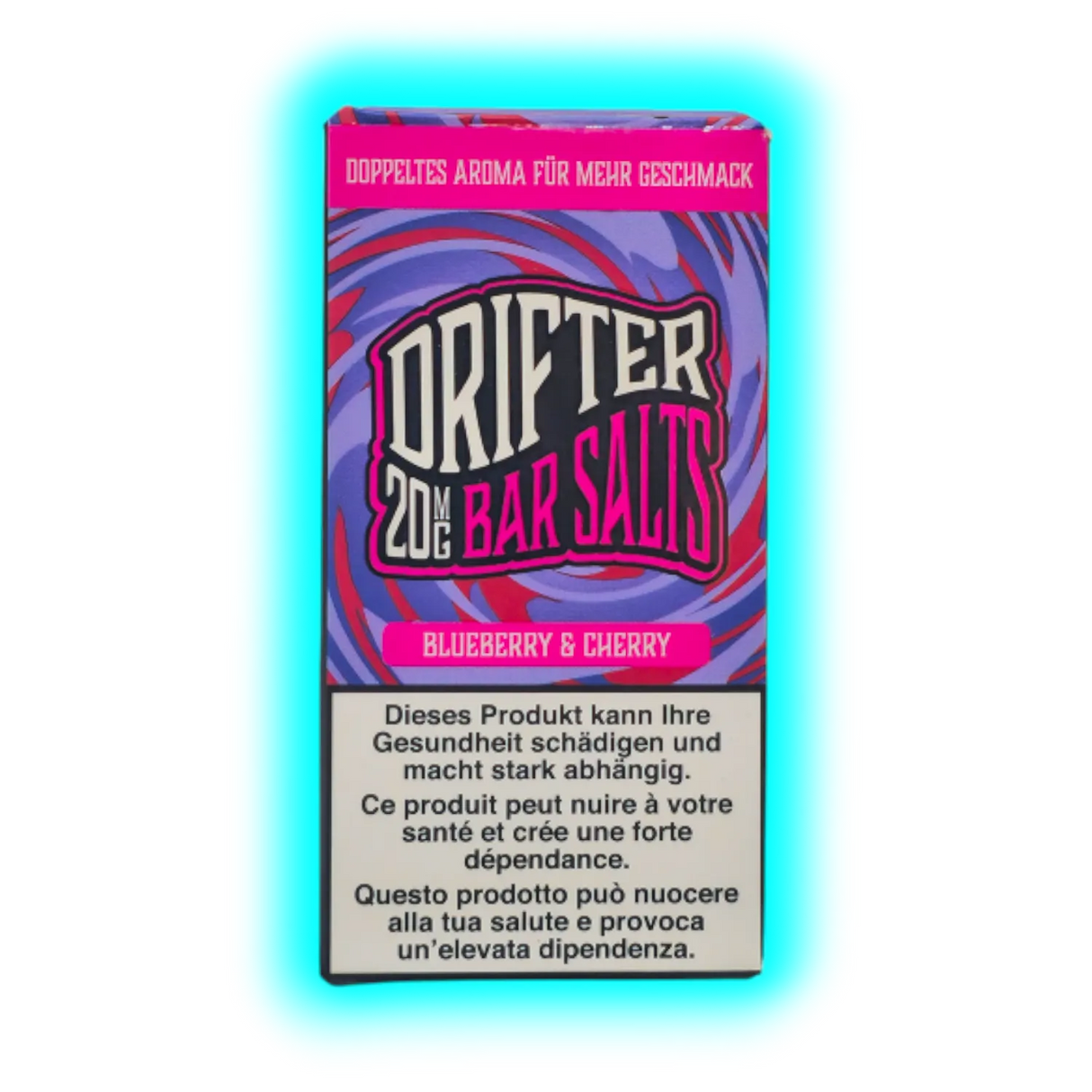 Verpackung mit der Aufschrift 'DRIFTER 20MG BAR SALTS BLUEBERRY & CHERRY' und Warnhinweisen in Deutsch, Französisch und Italienisch vor gesundheitlichen Risiken und starker Abhängigkeit