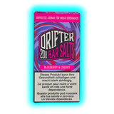Verpackung mit der Aufschrift 'DRIFTER 20MG BAR SALTS BLUEBERRY & CHERRY' und Warnhinweisen in Deutsch, Französisch und Italienisch vor gesundheitlichen Risiken und starker Abhängigkeit