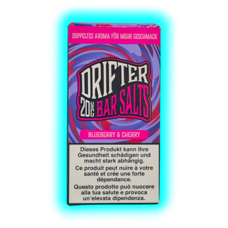 Verpackung mit der Aufschrift 'DRIFTER 20MG BAR SALTS BLUEBERRY & CHERRY' und Warnhinweisen in Deutsch, Französisch und Italienisch vor gesundheitlichen Risiken und starker Abhängigkeit
