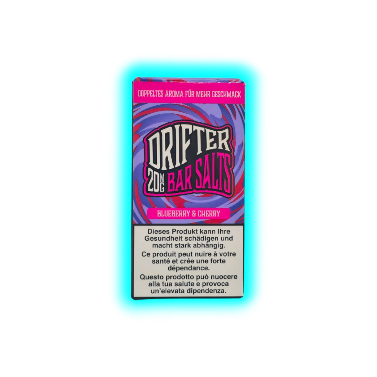Verpackung mit der Aufschrift 'DRIFTER 20MG BAR SALTS BLUEBERRY & CHERRY' und Warnhinweisen in Deutsch, Französisch und Italienisch vor gesundheitlichen Risiken und starker Abhängigkeit