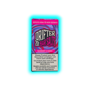 Verpackung mit der Aufschrift 'DRIFTER 20MG BAR SALTS BLUEBERRY & CHERRY' und Warnhinweisen in Deutsch, Französisch und Italienisch vor gesundheitlichen Risiken und starker Abhängigkeit