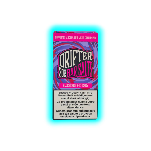 Verpackung mit der Aufschrift 'DRIFTER 20MG BAR SALTS BLUEBERRY & CHERRY' und Warnhinweisen in Deutsch, Französisch und Italienisch vor gesundheitlichen Risiken und starker Abhängigkeit