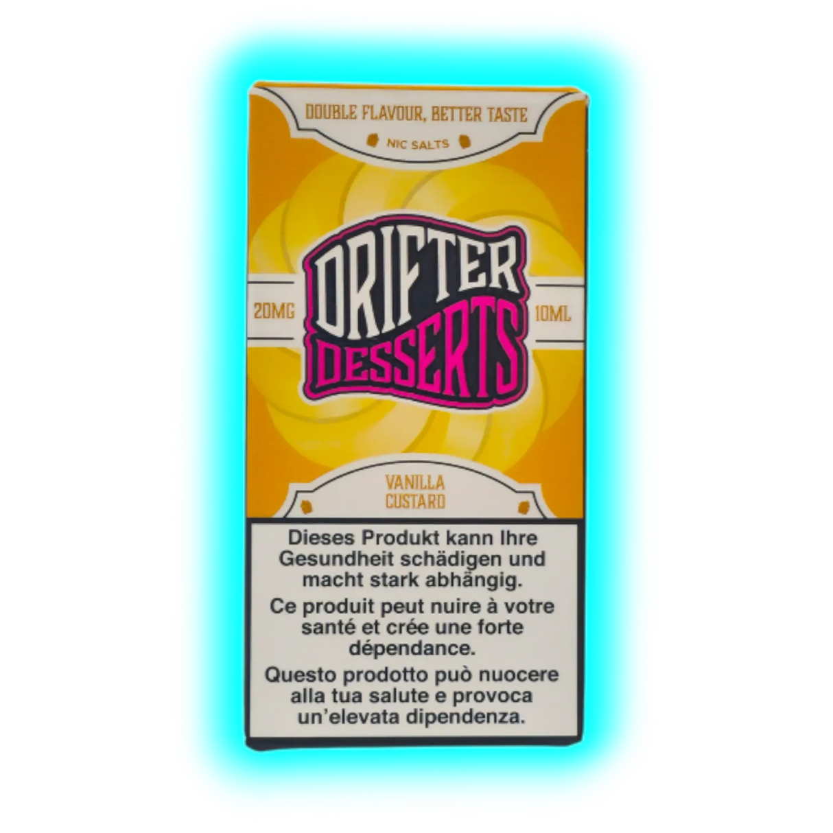 Verpackung mit der Aufschrift 'DRIFTER DESSERTS' und Warnhinweisen in Deutsch, Französisch und Italienisch zu Gesundheitsrisiken und Abhängigkeit