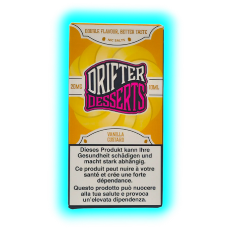 Verpackung mit der Aufschrift 'DRIFTER DESSERTS' und Warnhinweisen in Deutsch, Französisch und Italienisch zu Gesundheitsrisiken und Abhängigkeit