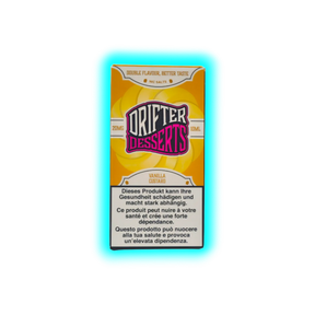Verpackung mit der Aufschrift 'DRIFTER DESSERTS' und Warnhinweisen in Deutsch, Französisch und Italienisch zu Gesundheitsrisiken und Abhängigkeit