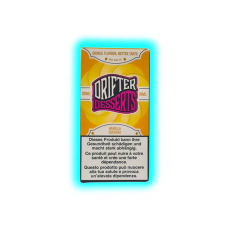 Verpackung mit der Aufschrift 'DRIFTER DESSERTS' und Warnhinweisen in Deutsch, Französisch und Italienisch zu Gesundheitsrisiken und Abhängigkeit