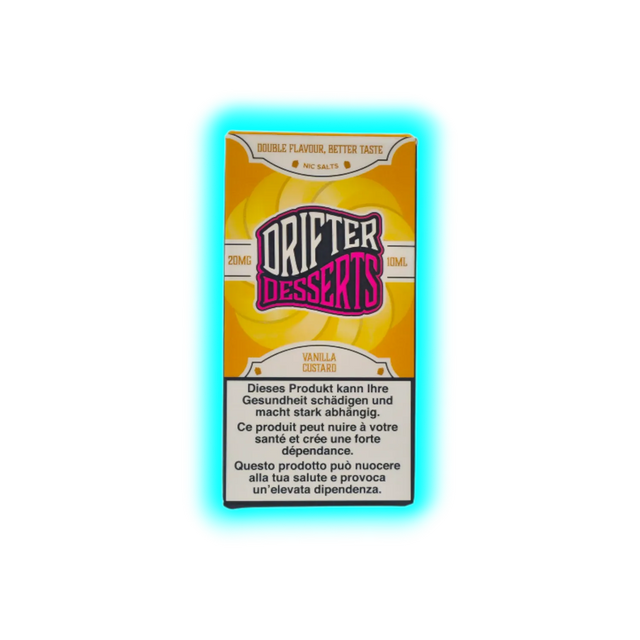Verpackung mit der Aufschrift 'DRIFTER DESSERTS' und Warnhinweisen in Deutsch, Französisch und Italienisch zu Gesundheitsrisiken und Abhängigkeit