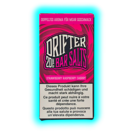Verpackung mit der Aufschrift 'DRIFTER 20MG BAR SALTS STRAWBERRY RASPBERRY CHERRY' und Warnhinweis in Deutsch, Französisch und Italienisch