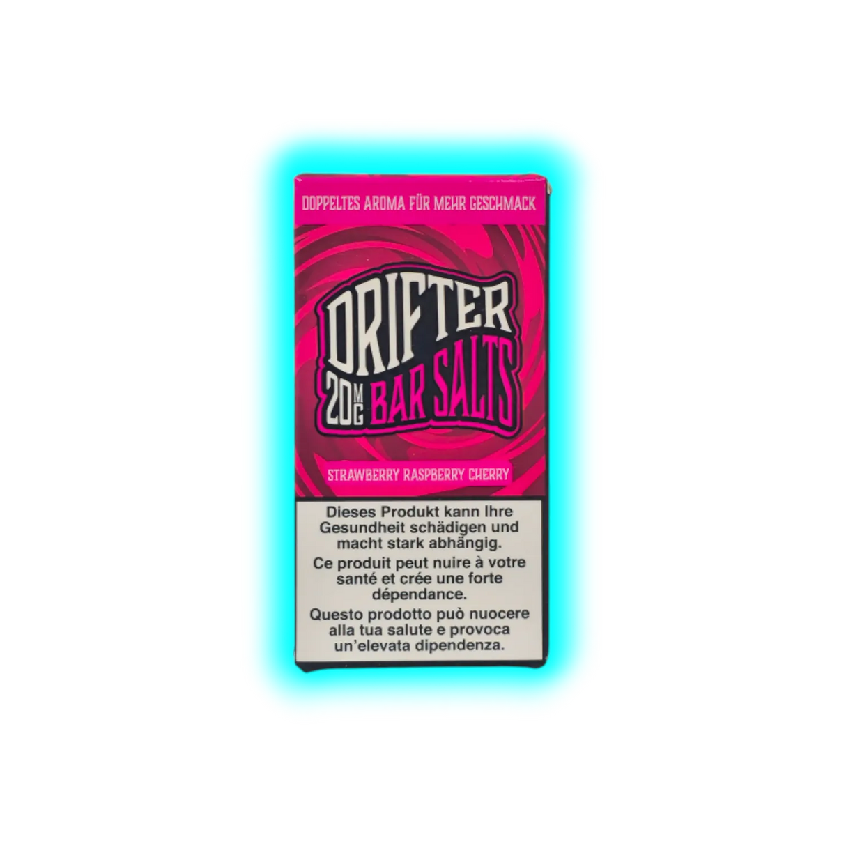Verpackung mit der Aufschrift 'DRIFTER 20MG BAR SALTS STRAWBERRY RASPBERRY CHERRY' und Warnhinweis in Deutsch, Französisch und Italienisch