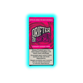 Verpackung mit der Aufschrift 'DRIFTER 20MG BAR SALTS STRAWBERRY RASPBERRY CHERRY' und Warnhinweis in Deutsch, Französisch und Italienisch