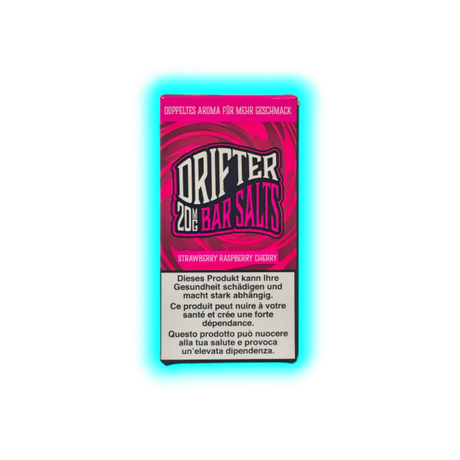 Verpackung mit der Aufschrift 'DRIFTER 20MG BAR SALTS STRAWBERRY RASPBERRY CHERRY' und Warnhinweis in Deutsch, Französisch und Italienisch