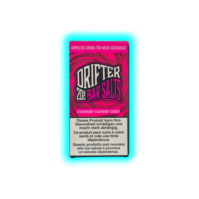 Verpackung mit der Aufschrift 'DRIFTER 20MG BAR SALTS STRAWBERRY RASPBERRY CHERRY' und Warnhinweis in Deutsch, Französisch und Italienisch