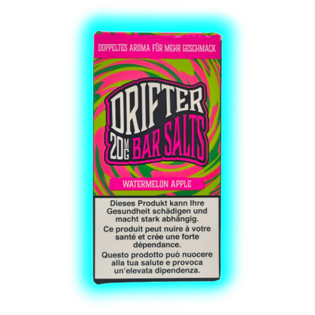 Verpackung mit der Aufschrift 'DRIFTER 20MG BAR SALTS WATERMELON APPLE' und Warnhinweisen in Deutsch, Französisch und Italienisch