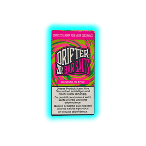 Verpackung mit der Aufschrift 'DRIFTER 20MG BAR SALTS WATERMELON APPLE' und Warnhinweisen in Deutsch, Französisch und Italienisch