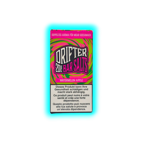 Verpackung mit der Aufschrift 'DRIFTER 20MG BAR SALTS WATERMELON APPLE' und Warnhinweisen in Deutsch, Französisch und Italienisch
