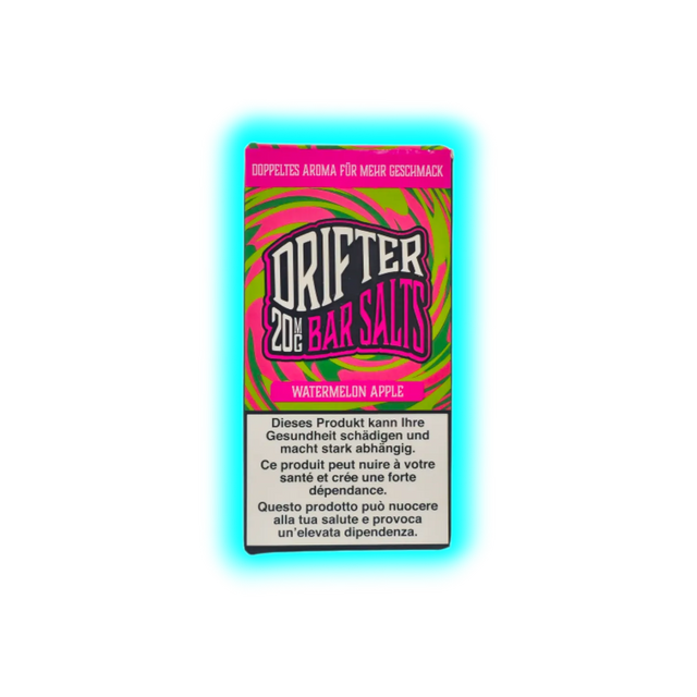 Verpackung mit der Aufschrift 'DRIFTER 20MG BAR SALTS WATERMELON APPLE' und Warnhinweisen in Deutsch, Französisch und Italienisch