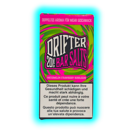 Verpackung mit der Aufschrift 'DRIFTER 20MG BAR SALTS' und Warnhinweisen in Deutsch, Französisch und Italienisch vor einem psychedelischen grünen und pinken Hintergrund