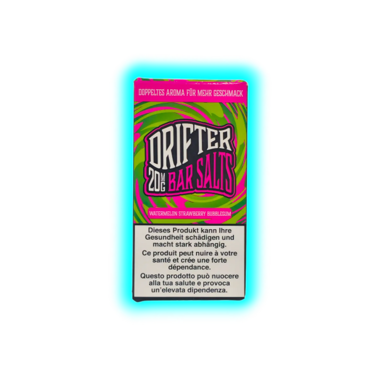 Verpackung mit der Aufschrift 'DRIFTER 20MG BAR SALTS' und Warnhinweisen in Deutsch, Französisch und Italienisch vor einem psychedelischen grünen und pinken Hintergrund