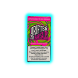 Verpackung mit der Aufschrift 'DRIFTER 20MG BAR SALTS' und Warnhinweisen in Deutsch, Französisch und Italienisch vor einem psychedelischen grünen und pinken Hintergrund