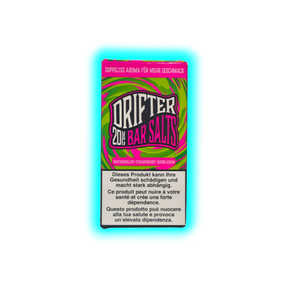 Verpackung mit der Aufschrift 'DRIFTER 20MG BAR SALTS' und Warnhinweisen in Deutsch, Französisch und Italienisch vor einem psychedelischen grünen und pinken Hintergrund