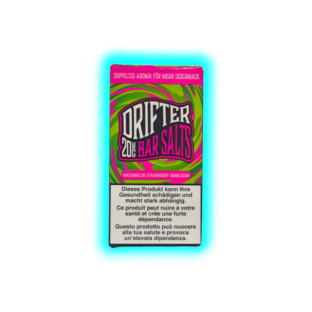 Verpackung mit der Aufschrift 'DRIFTER 20MG BAR SALTS' und Warnhinweisen in Deutsch, Französisch und Italienisch vor einem psychedelischen grünen und pinken Hintergrund