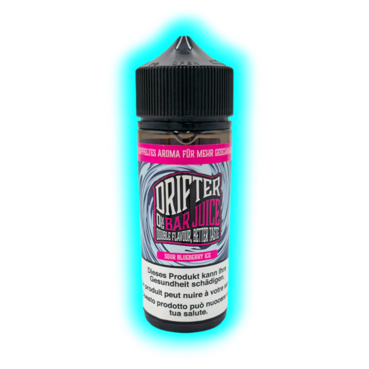 Flasche mit schwarzem Schraubverschluss und Etikett mit der Aufschrift 'DRIFTER OG BAR JUICE SOUR BLUEBERRY ICE' und Warnhinweis in mehreren Sprachen
