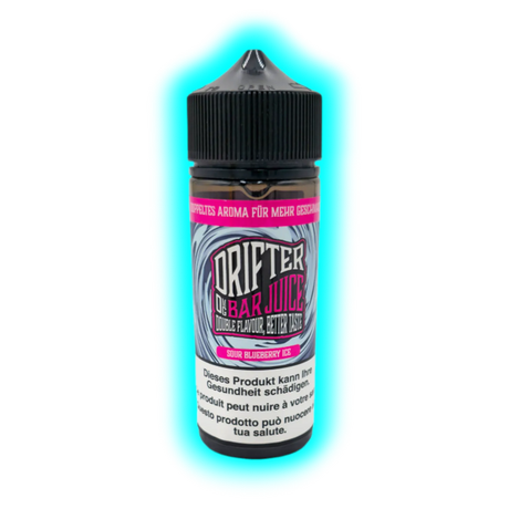 Flasche mit schwarzem Schraubverschluss und Etikett mit der Aufschrift 'DRIFTER OG BAR JUICE SOUR BLUEBERRY ICE' und Warnhinweis in mehreren Sprachen