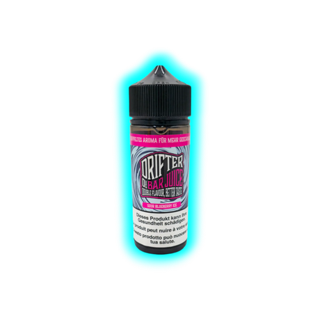 Flasche mit schwarzem Schraubverschluss und Etikett mit der Aufschrift 'DRIFTER OG BAR JUICE SOUR BLUEBERRY ICE' und Warnhinweis in mehreren Sprachen