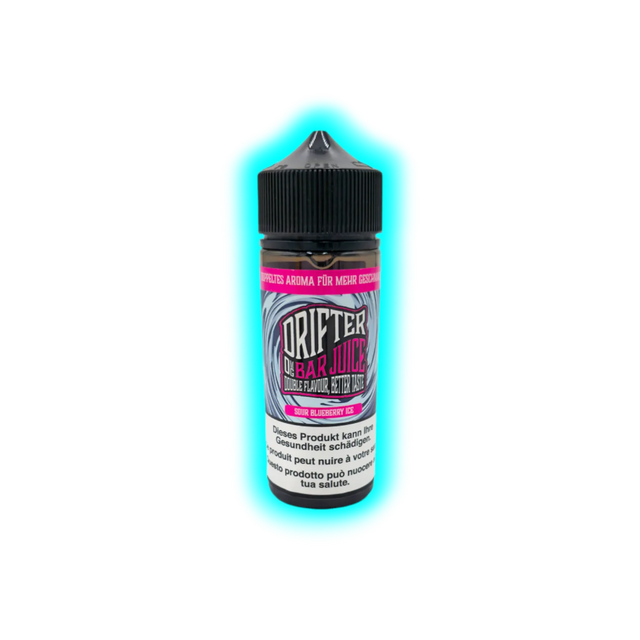 Flasche mit schwarzem Schraubverschluss und Etikett mit der Aufschrift 'DRIFTER OG BAR JUICE SOUR BLUEBERRY ICE' und Warnhinweis in mehreren Sprachen
