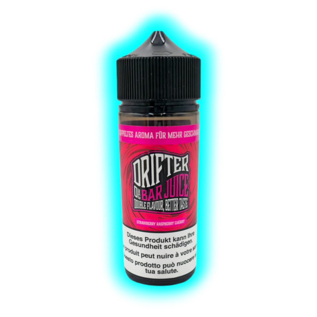 Flasche mit schwarzem Schraubverschluss und rotem Etikett mit der Aufschrift 'DRIFTER BAR JUICE' und Warnhinweisen in mehreren Sprachen
