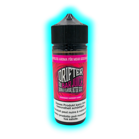Flasche mit schwarzem Schraubverschluss und rotem Etikett mit der Aufschrift 'DRIFTER BAR JUICE' und Warnhinweisen in mehreren Sprachen
