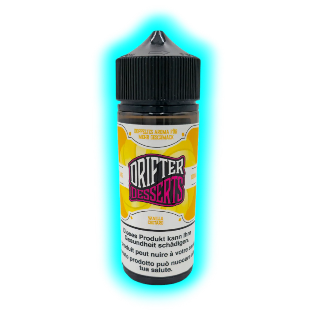 Flasche mit schwarzem Schraubverschluss und Etikett mit der Aufschrift 'DRIFTER DESSERTS VANILLA CUSTARD' und Warnhinweisen in mehreren Sprachen