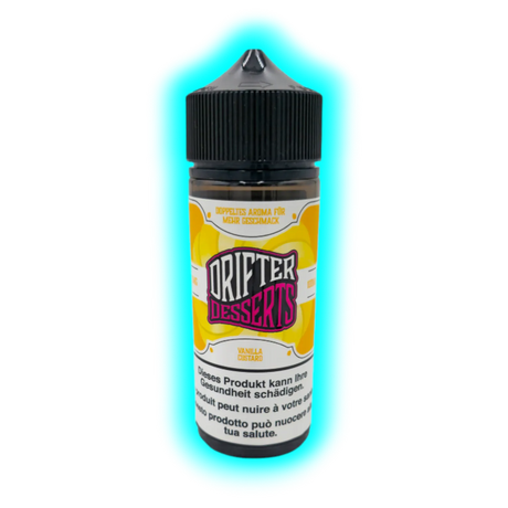 Flasche mit schwarzem Schraubverschluss und Etikett mit der Aufschrift 'DRIFTER DESSERTS VANILLA CUSTARD' und Warnhinweisen in mehreren Sprachen