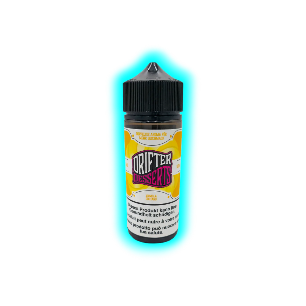 Flasche mit schwarzem Schraubverschluss und Etikett mit der Aufschrift 'DRIFTER DESSERTS VANILLA CUSTARD' und Warnhinweisen in mehreren Sprachen
