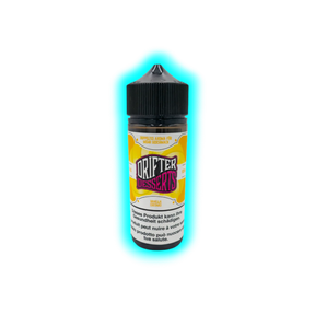 Flasche mit schwarzem Schraubverschluss und Etikett mit der Aufschrift 'DRIFTER DESSERTS VANILLA CUSTARD' und Warnhinweisen in mehreren Sprachen