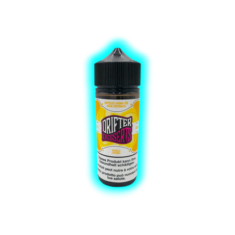 Flasche mit schwarzem Schraubverschluss und Etikett mit der Aufschrift 'DRIFTER DESSERTS VANILLA CUSTARD' und Warnhinweisen in mehreren Sprachen