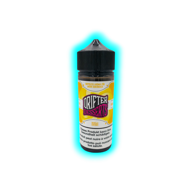 Flasche mit schwarzem Schraubverschluss und Etikett mit der Aufschrift 'DRIFTER DESSERTS VANILLA CUSTARD' und Warnhinweisen in mehreren Sprachen