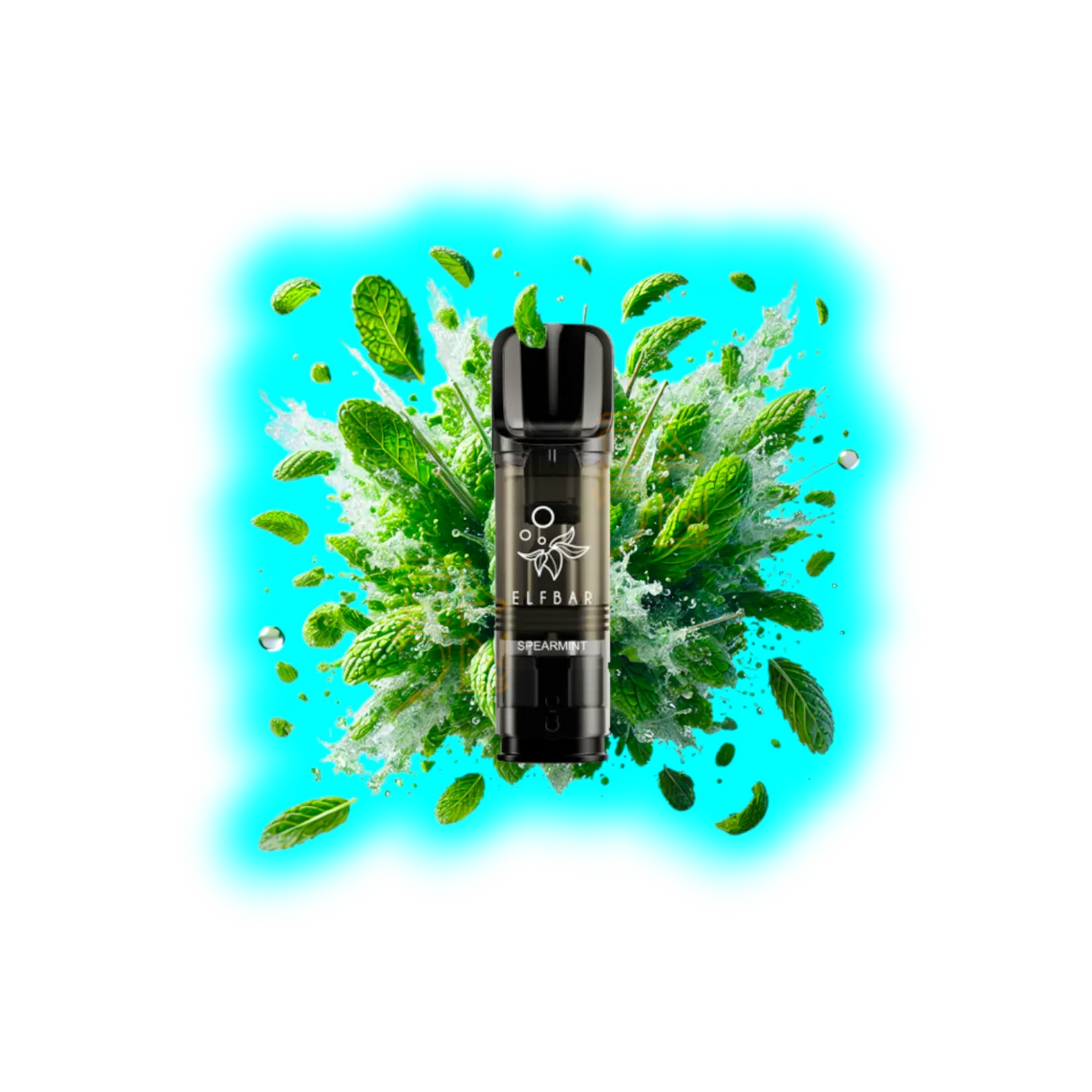 Nahaufnahme eines schwarzen Elf Bar Elfa Pro Einweg-Pods mit Spearmint-Geschmack vor einem Hintergrund aus Minzblättern und Minzsirup-Spritzern