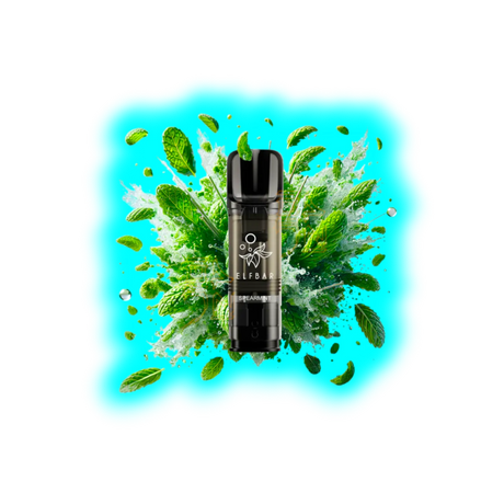 Nahaufnahme eines schwarzen Elf Bar Elfa Pro Einweg-Pods mit Spearmint-Geschmack vor einem Hintergrund aus Minzblättern und Minzsirup-Spritzern