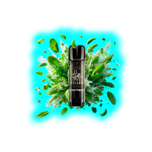 Nahaufnahme eines schwarzen Elf Bar Elfa Pro Einweg-Pods mit Spearmint-Geschmack vor einem Hintergrund aus Minzblättern und Minzsirup-Spritzern