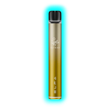 Schlanker, zylindrischer Vape-Stift in dunklem Gold mit schwarzem Mundstück und weißem Logo