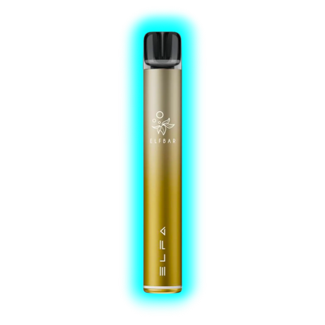 Schlanker, zylindrischer Vape-Stift in dunklem Gold mit schwarzem Mundstück und weißem Logo