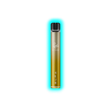 Schlanker, zylindrischer Vape-Stift in dunklem Gold mit schwarzem Mundstück und weißem Logo