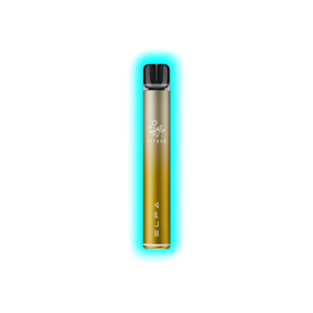 Schlanker, zylindrischer Vape-Stift in dunklem Gold mit schwarzem Mundstück und weißem Logo
