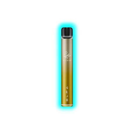 Schlanker, zylindrischer Vape-Stift in dunklem Gold mit schwarzem Mundstück und weißem Logo