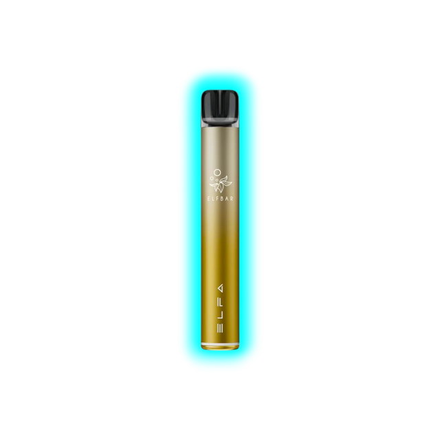 Schlanker, zylindrischer Vape-Stift in dunklem Gold mit schwarzem Mundstück und weißem Logo